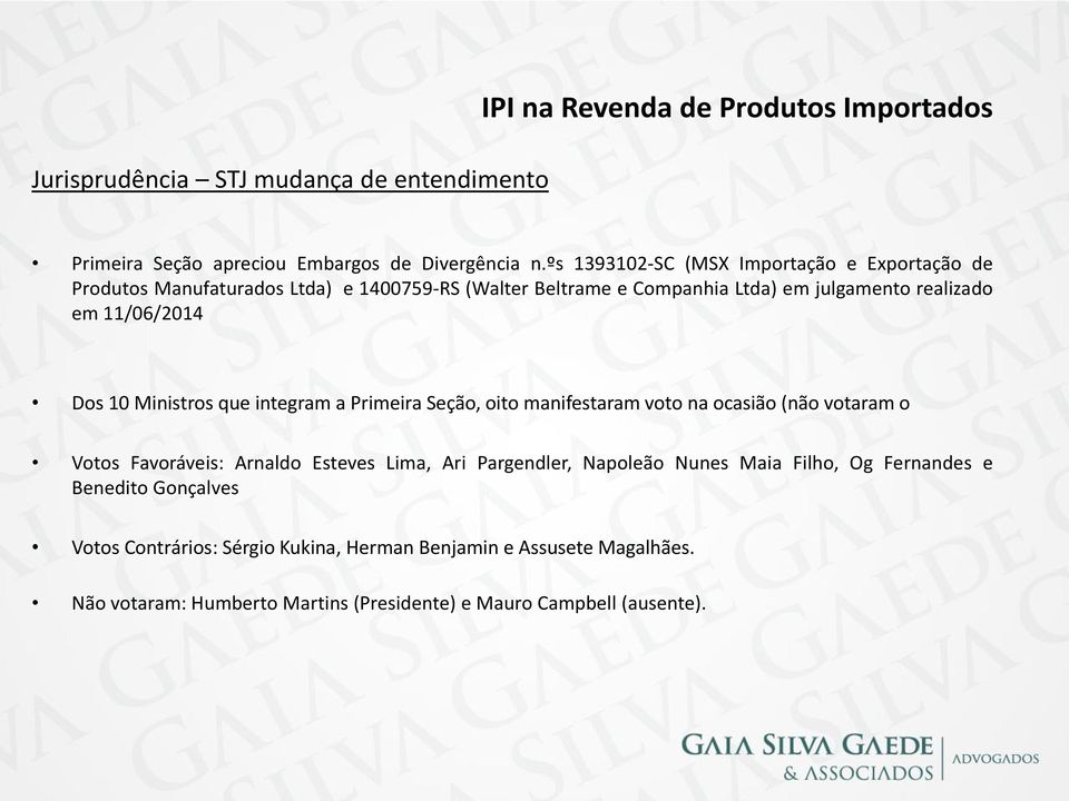 Dos 10 Ministros que integram a Primeira Seção, oito manifestaram voto na ocasião (não votaram o Votos Favoráveis: Arnaldo Esteves Lima, Ari Pargendler, Napoleão