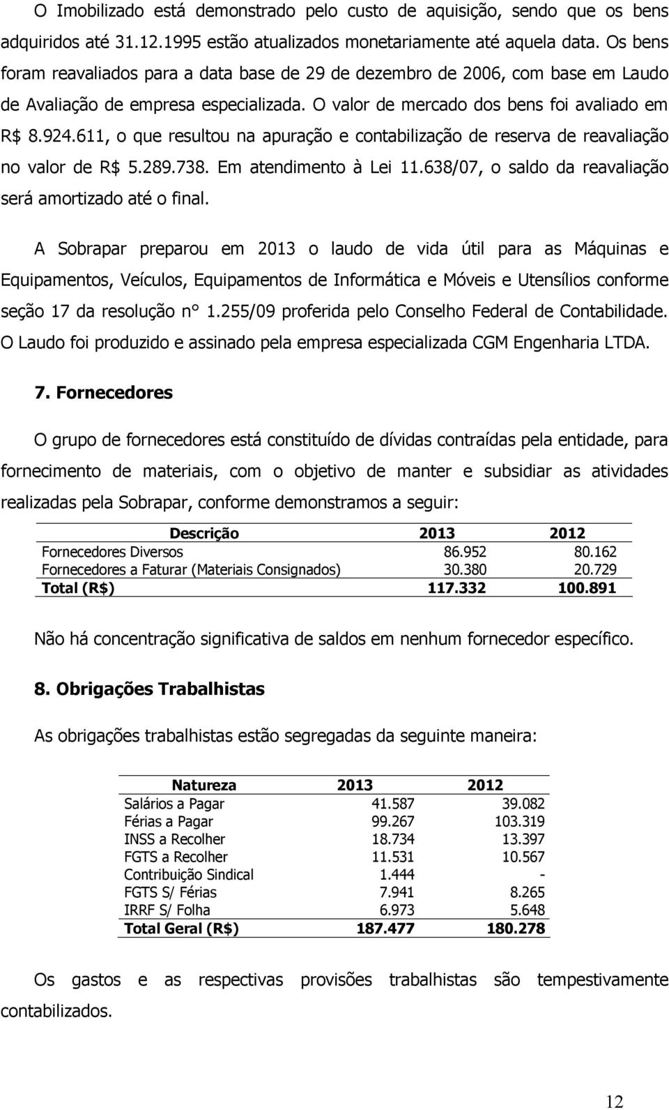 611, o que resultou na apuração e contabilização de reserva de reavaliação no valor de R$ 5.289.738. Em atendimento à Lei 11.638/07, o saldo da reavaliação será amortizado até o final.