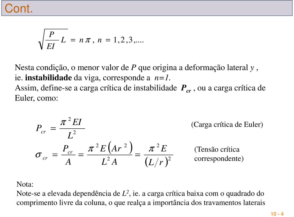 ssim, dfin-s a caga ítica d instabilidad, ou a caga ítica d Eul, como: σ π EI π E ( ) π E ( ) (Caga