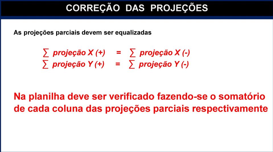 = projeção Y (-) Na planilha deve ser verificado fazendo-se