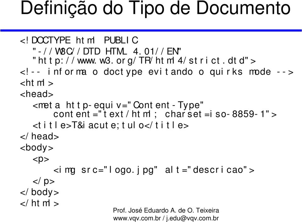 -- informa o doctype evitando o quirks mode --> <html> <head> <meta