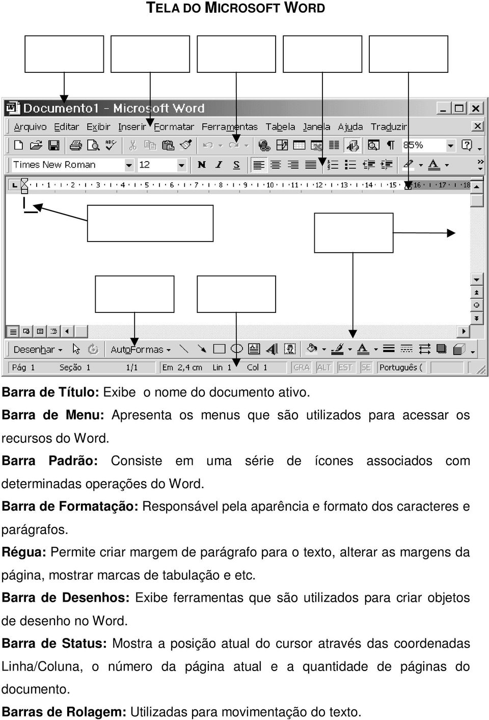 Barra Padrão: Consiste em uma série de ícones associados com determinadas operações do Word. Barra de Formatação: Responsável pela aparência e formato dos caracteres e parágrafos.