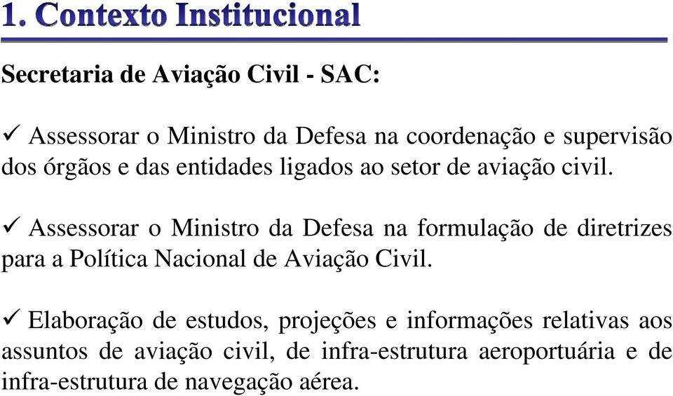 Assessorar o Ministro da Defesa na formulação de diretrizes para a Política Nacional de Aviação Civil.