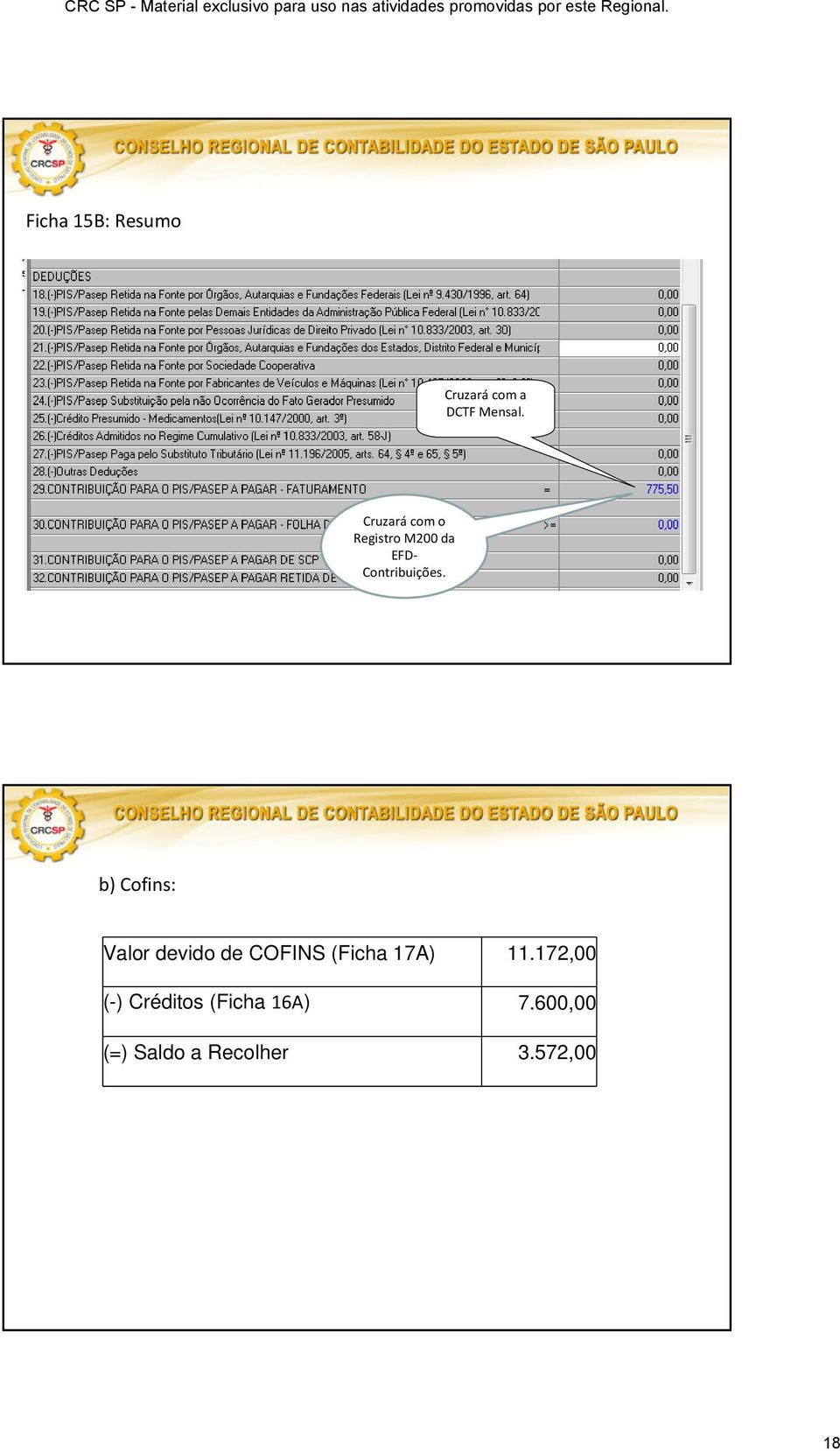 b) Cofins: Valor devido de COFINS (Ficha 17A) 11.