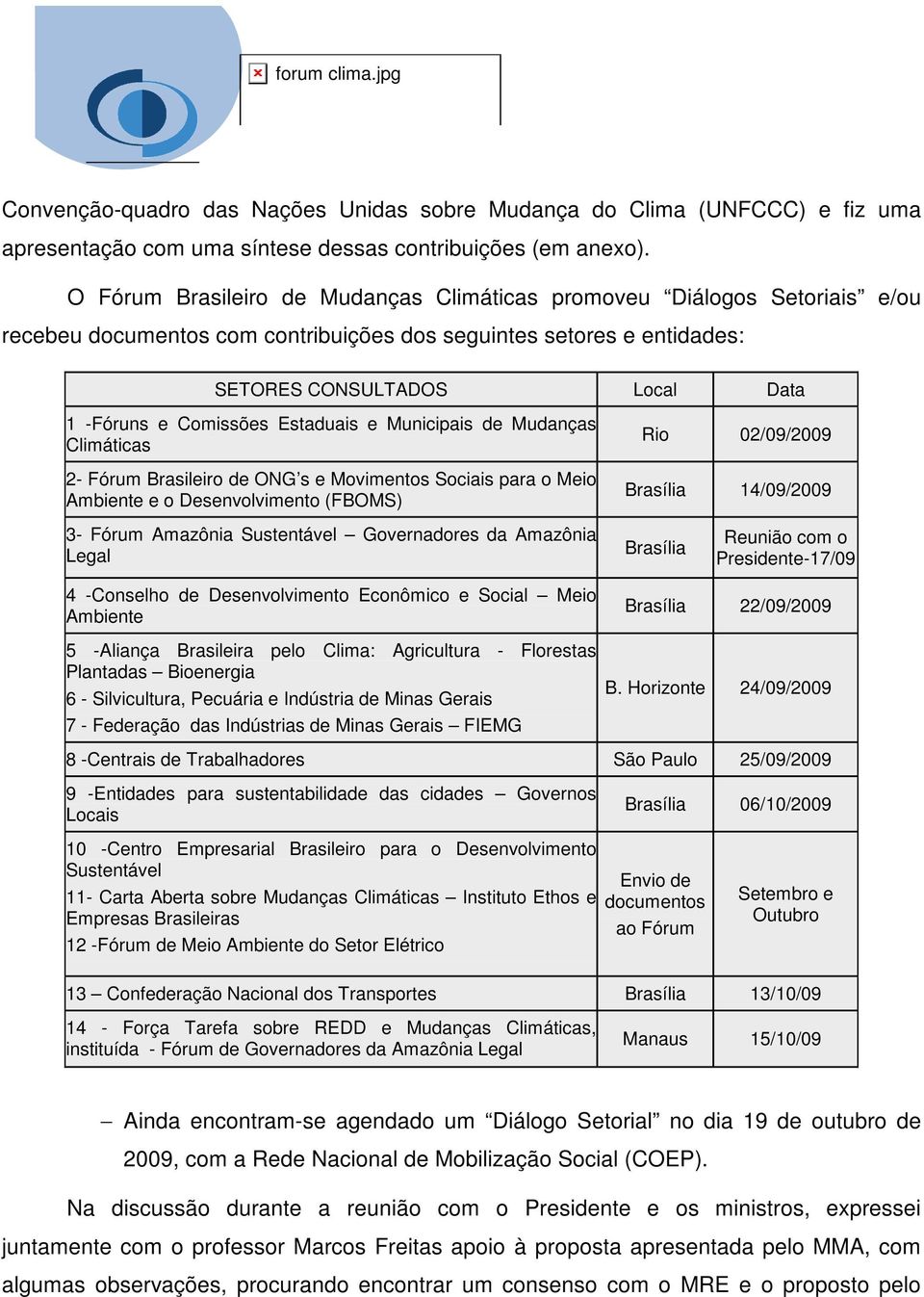 Estaduais e Municipais de Mudanças Climáticas 2- Fórum Brasileiro de ONG s e Movimentos Sociais para o Meio Ambiente e o Desenvolvimento (FBOMS) Rio 02/09/2009 Brasília 14/09/2009 3- Fórum Amazônia