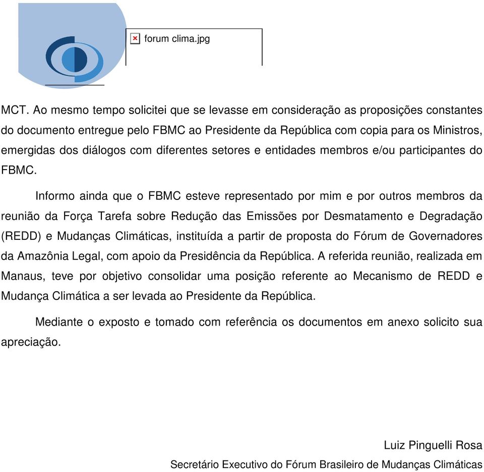 Informo ainda que o FBMC esteve representado por mim e por outros membros da reunião da Força Tarefa sobre Redução das Emissões por Desmatamento e Degradação (REDD) e Mudanças Climáticas, instituída