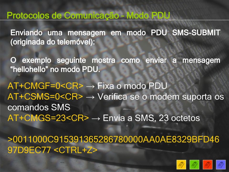 AT+CMGF=0<CR> Fixa o modo PDU AT+CSMS=0<CR> Verifica se o modem suporta os comandos SMS