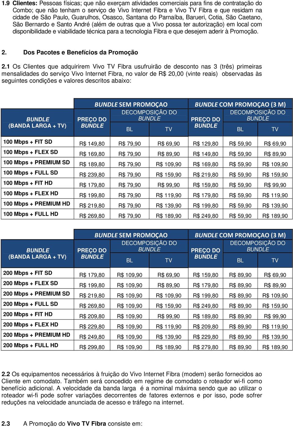 técnica para a tecnologia Fibra e que desejem aderir à Promoção. 2. Dos Pacotes e Benefícios da Promoção 2.