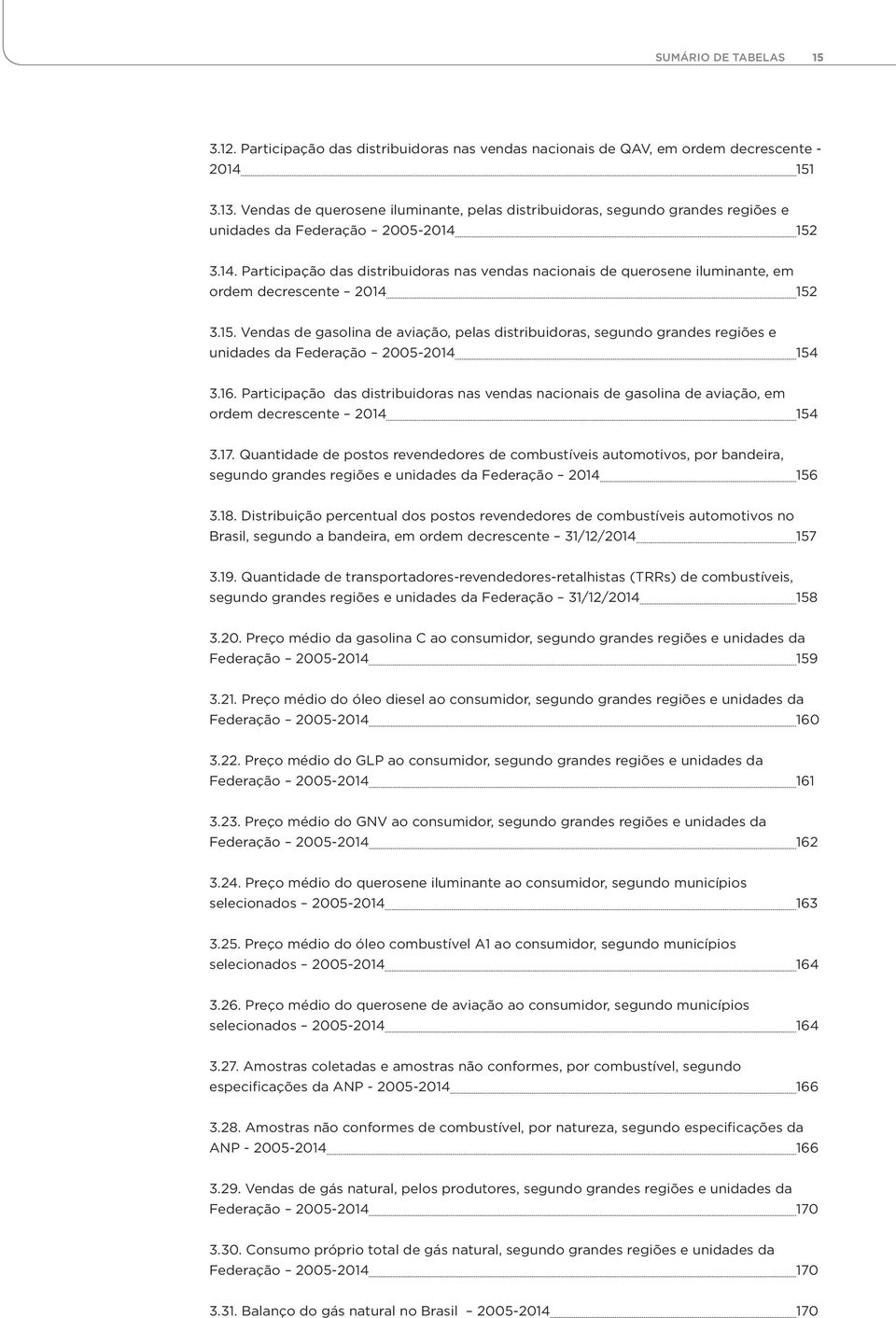 152 3.14. Participação das distribuidoras nas vendas nacionais de querosene iluminante, em ordem decrescente 2014 152 3.15. Vendas de gasolina de aviação, pelas distribuidoras, segundo grandes regiões e unidades da Federação 2005-2014 154 3.