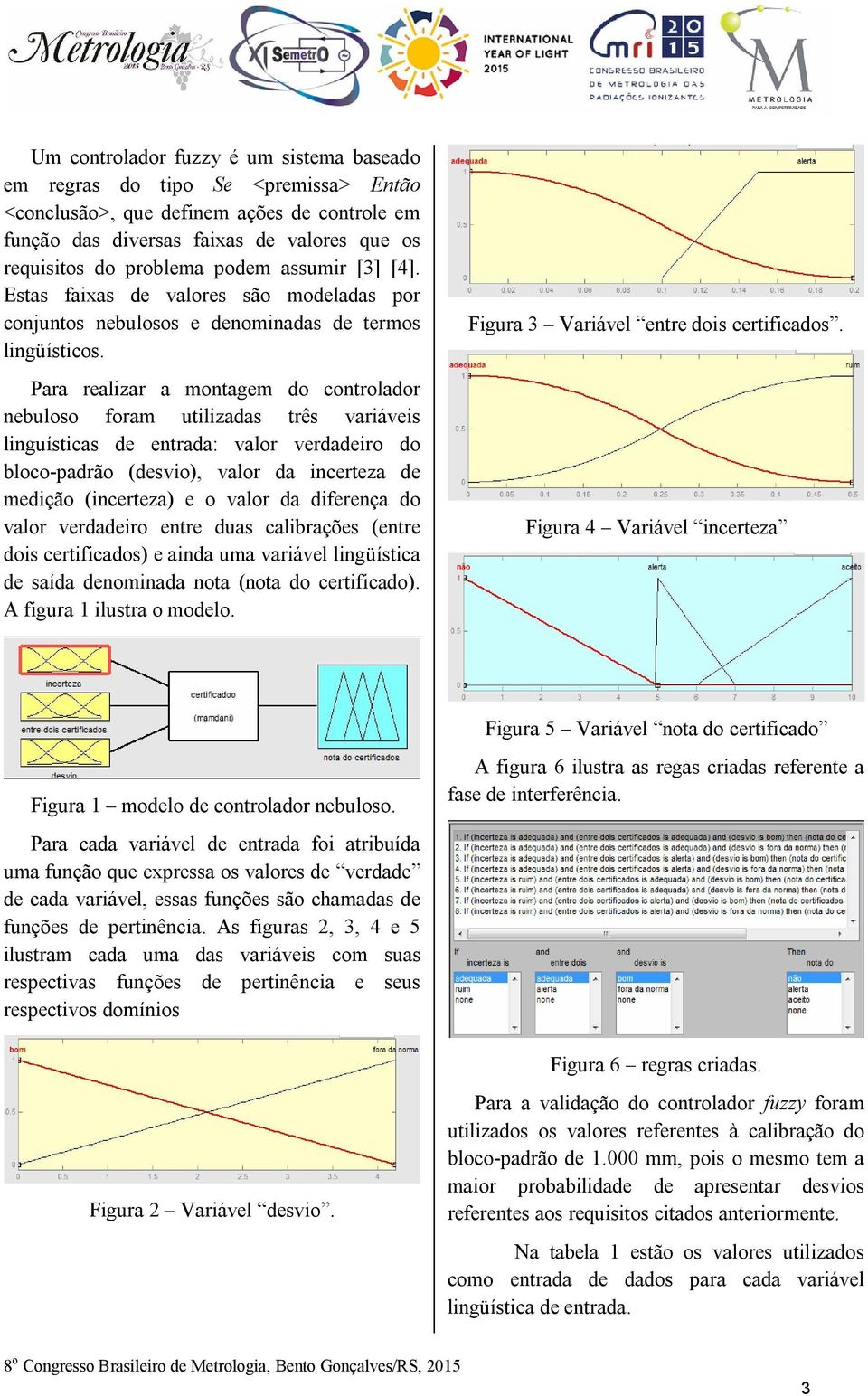 Para realizar a montagem do controlador nebuloso foram utilizadas três variáveis linguísticas de entrada: valor verdadeiro do bloco-padrão (desvio), valor da incerteza de medição (incerteza) e o