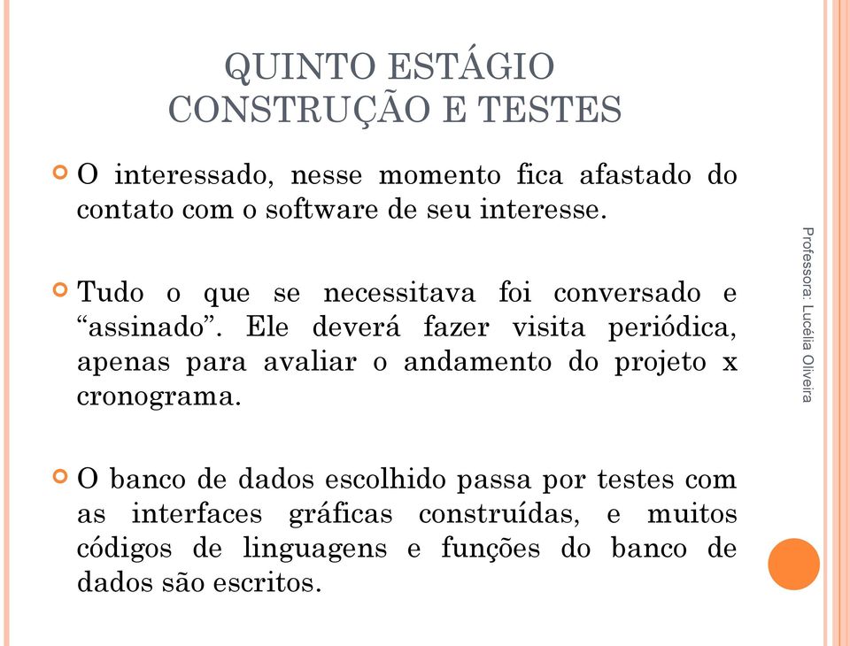 Ele deverá fazer visita periódica, apenas para avaliar o andamento do projeto x cronograma.