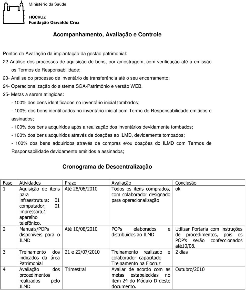 25- Metas a serem atingidas: - 100% dos bens identificados no inventário inicial tombados; - 100% dos bens identificados no inventário inicial com Termo de Responsabilidade emitidos e assinados; -