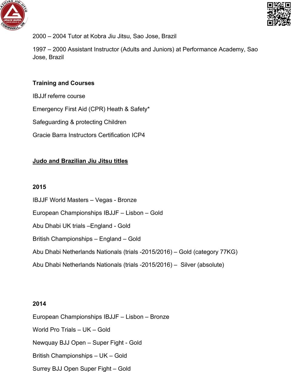 Championships IBJJF Lisbon Gold Abu Dhabi UK trials England - Gold British Championships England Gold Abu Dhabi Netherlands Nationals (trials -2015/2016) Gold (category 77KG) Abu Dhabi Netherlands