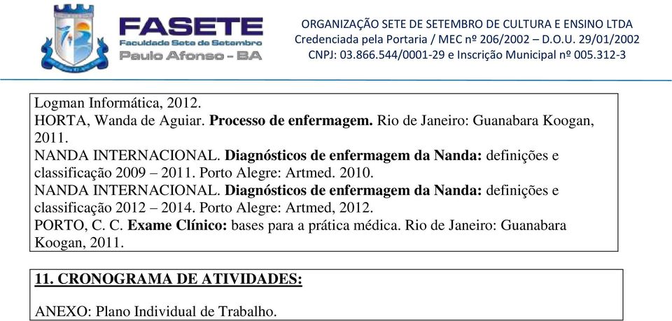 NANDA INTERNACIONAL. Diagnósticos de enfermagem da Nanda: definições e classificação 2012 2014. Porto Alegre: Artmed, 2012.