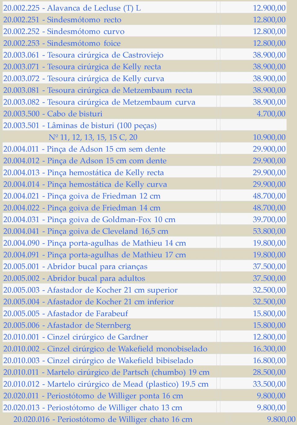 900,00 20.003.082 - Tesoura cirúrgica de Metzembaum curva 38.900,00 20.003.500 - Cabo de bisturi 4.700,00 20.003.501 - Lâminas de bisturi (100 peças) Nº 11, 12, 13, 15, 15 C, 20 10.900,00 20.004.