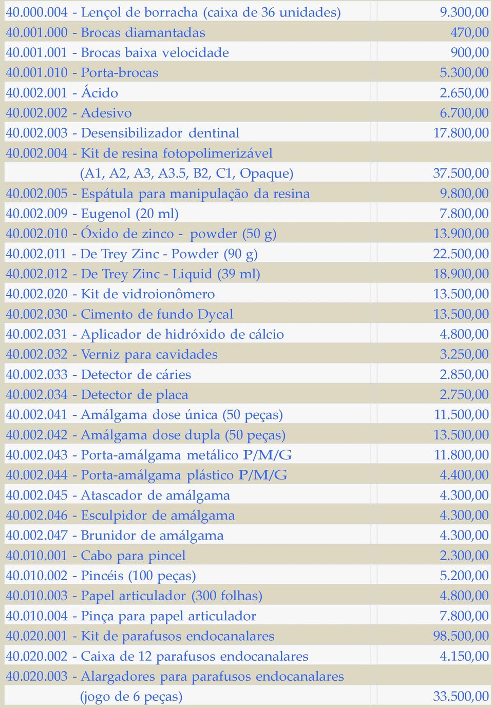 800,00 40.002.009 - Eugenol (20 ml) 7.800,00 40.002.010 - Óxido de zinco - powder (50 g) 13.900,00 40.002.011 - De Trey Zinc - Powder (90 g) 22.500,00 40.002.012 - De Trey Zinc - Liquid (39 ml) 18.