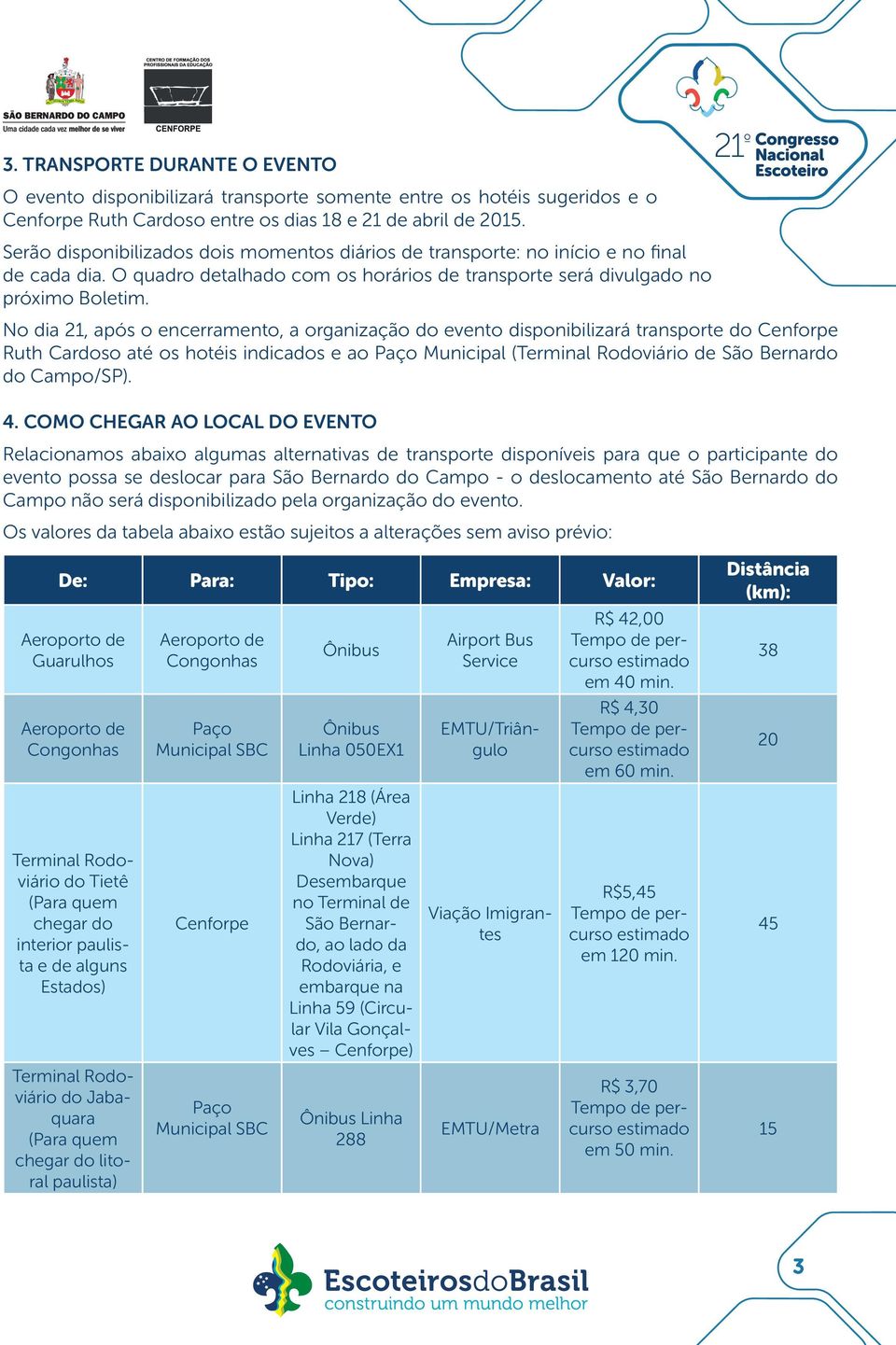 No dia 21, após o encerramento, a organização do evento disponibilizará transporte do Cenforpe Ruth Cardoso até os hotéis indicados e ao Paço Municipal (Terminal Rodoviário de São Bernardo do