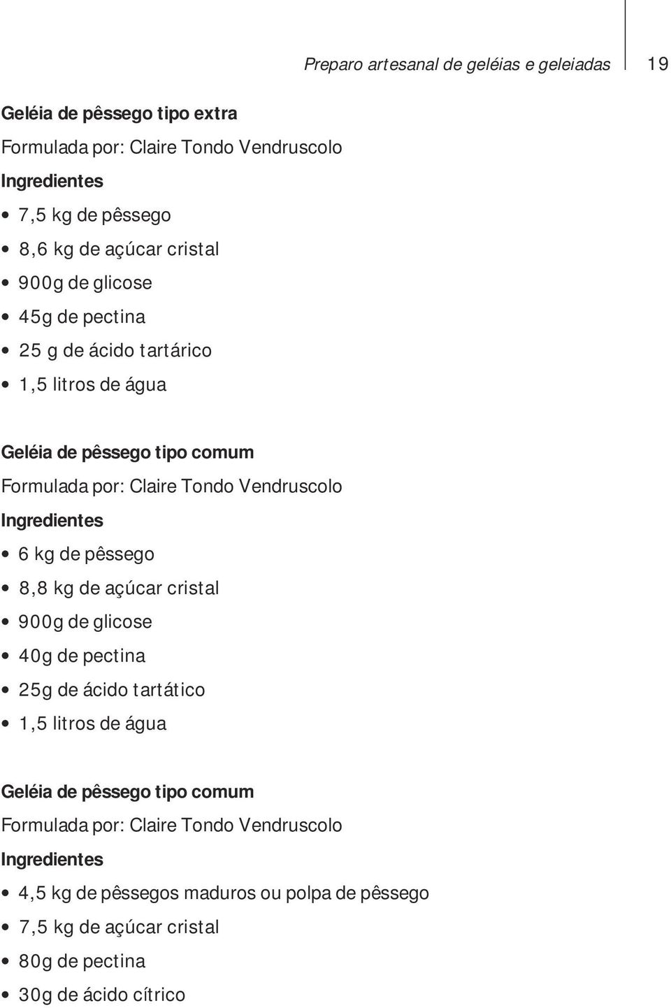 Vendruscolo 6 kg de pêssego 8,8 kg de açúcar cristal 900g de glicose 40g de pectina 25g de ácido tartático 1,5 litros de água Geléia de pêssego