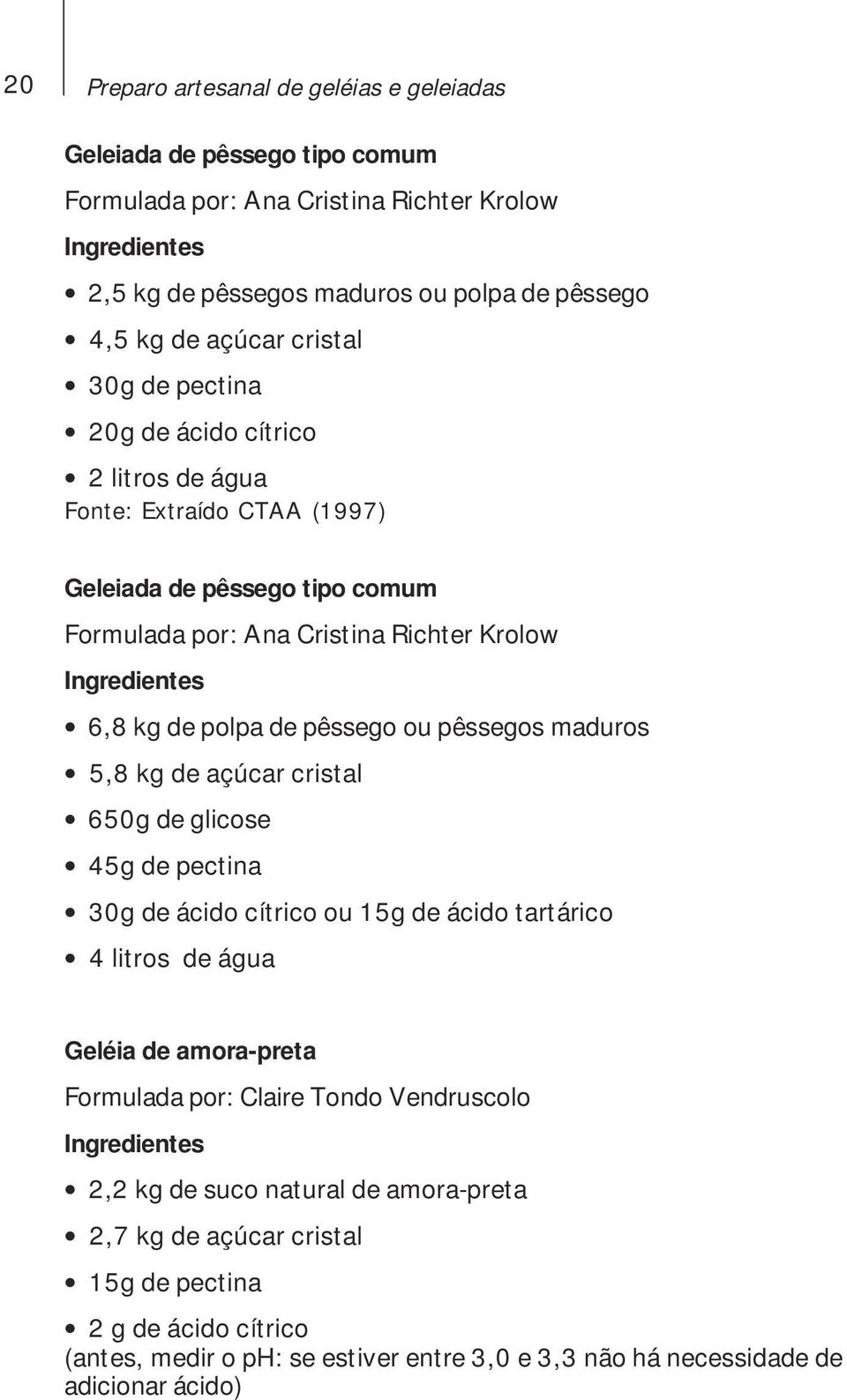 pêssegos maduros 5,8 kg de açúcar cristal 650g de glicose 45g de pectina 30g de ácido cítrico ou 15g de ácido tartárico 4 litros de água Geléia de amora-preta Formulada por: Claire Tondo