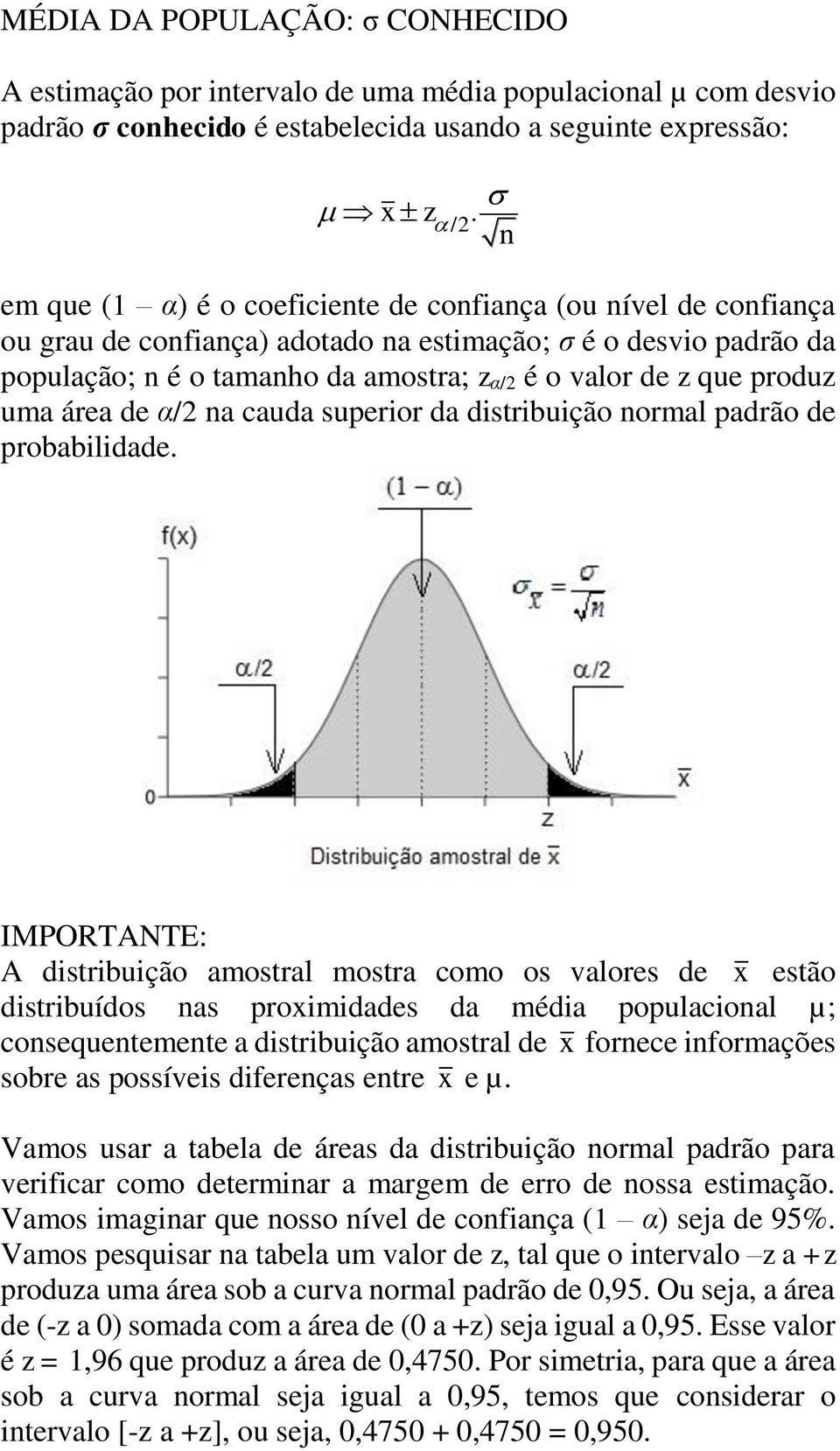 de α/2 a cauda superior da distribuição ormal padrão de probabilidade.