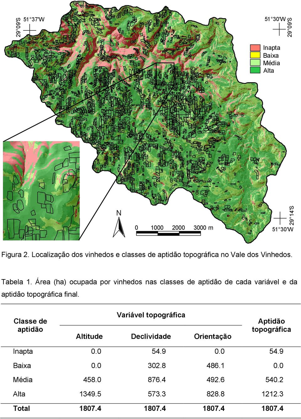 Área (ha) ocupada por vinhedos nas classes de aptidão de cada variável e da aptidão topográfica final.