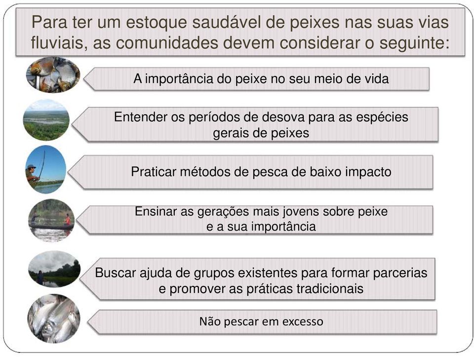 Praticar métodos de pesca de baixo impacto Ensinar as gerações mais jovens sobre peixe e a sua importância