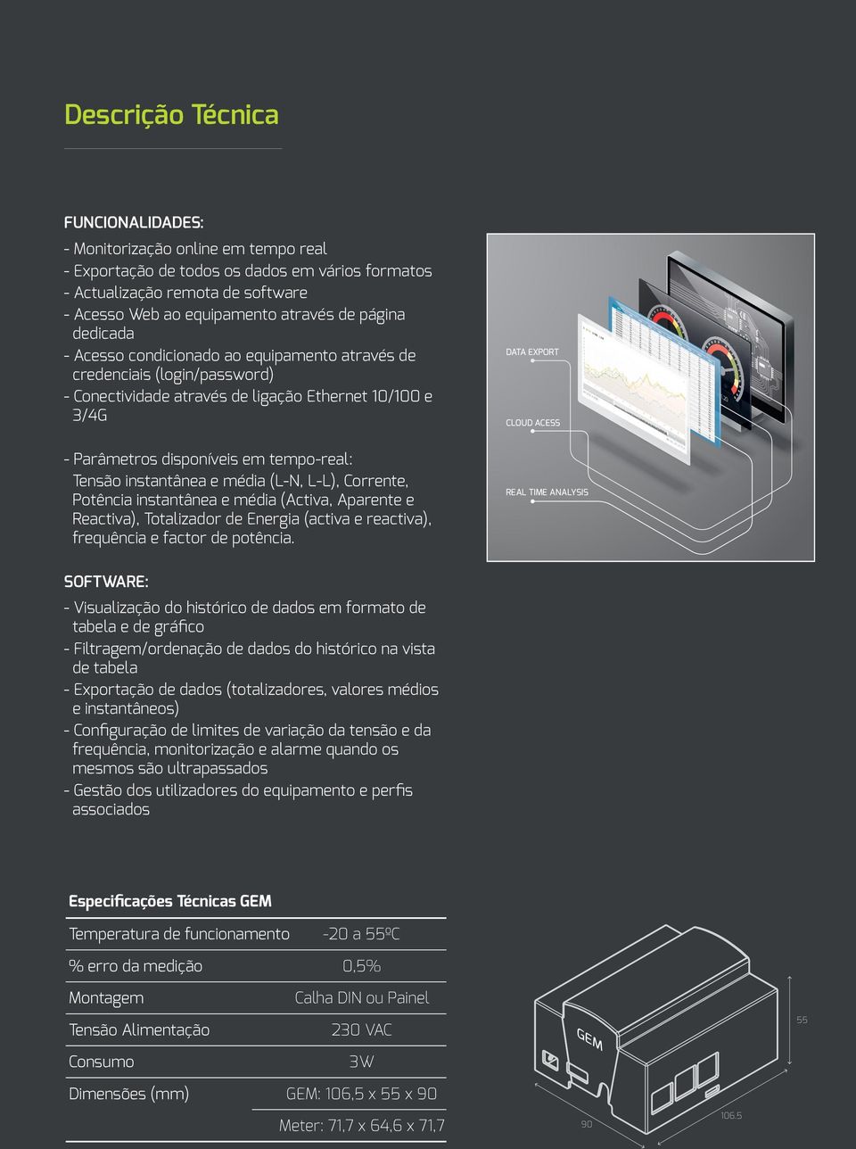 20 - Parâmetros disponíveis em tempo-real: Tensão instantânea e média (L-N, L-L), Corrente, Potência instantânea e média (Activa, Aparente e Reactiva), Totalizador de Energia (activa e reactiva),