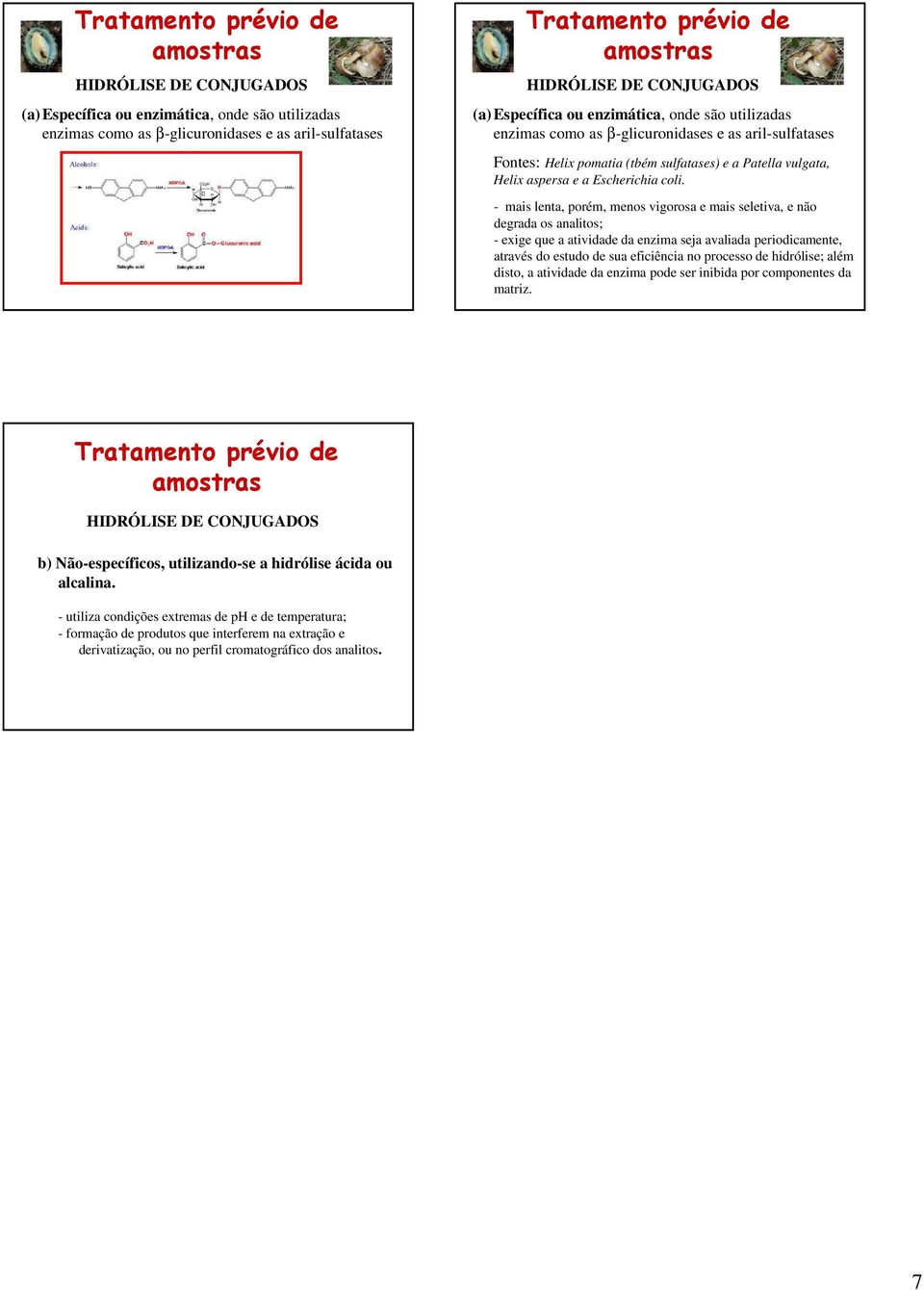 - mais lenta, porém, menos vigorosa e mais seletiva, e não degrada os analitos; - exige que a atividade da enzima seja avaliada periodicamente, através do estudo de sua eficiência no processo de