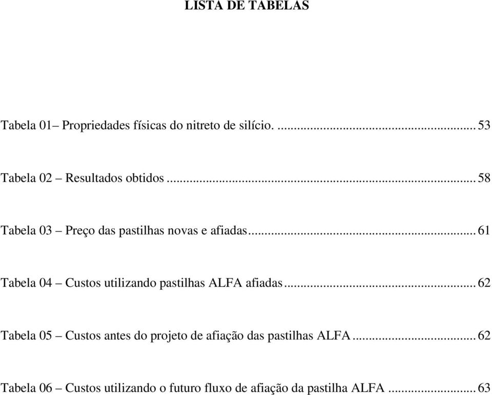 .. 61 Tabela 04 Custos utilizando pastilhas ALFA afiadas.