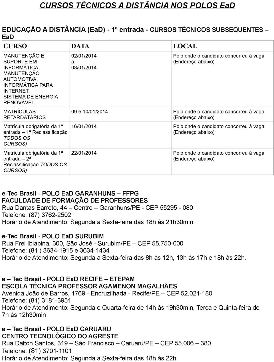 (Endereço abaixo) 16/01/2014 Polo onde o candidato concorreu à vaga (Endereço abaixo) 22/01/2014 Polo onde o candidato concorreu à vaga (Endereço abaixo) e-tec Brasil - POLO EaD FFPG FACULDADE DE