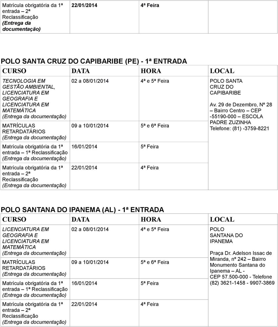 29 de Dezembro, Nº 28 Bairro Centro CEP -55190-000 ESCOLA PADRE ZUZINHA Telefone: (81) -3759-8221 POLO SANTANA DO IPANEMA (AL) - 1ª ENTRADA GEOGRAFIA E MATEMÁTICA RETARDATÁRI 02 a