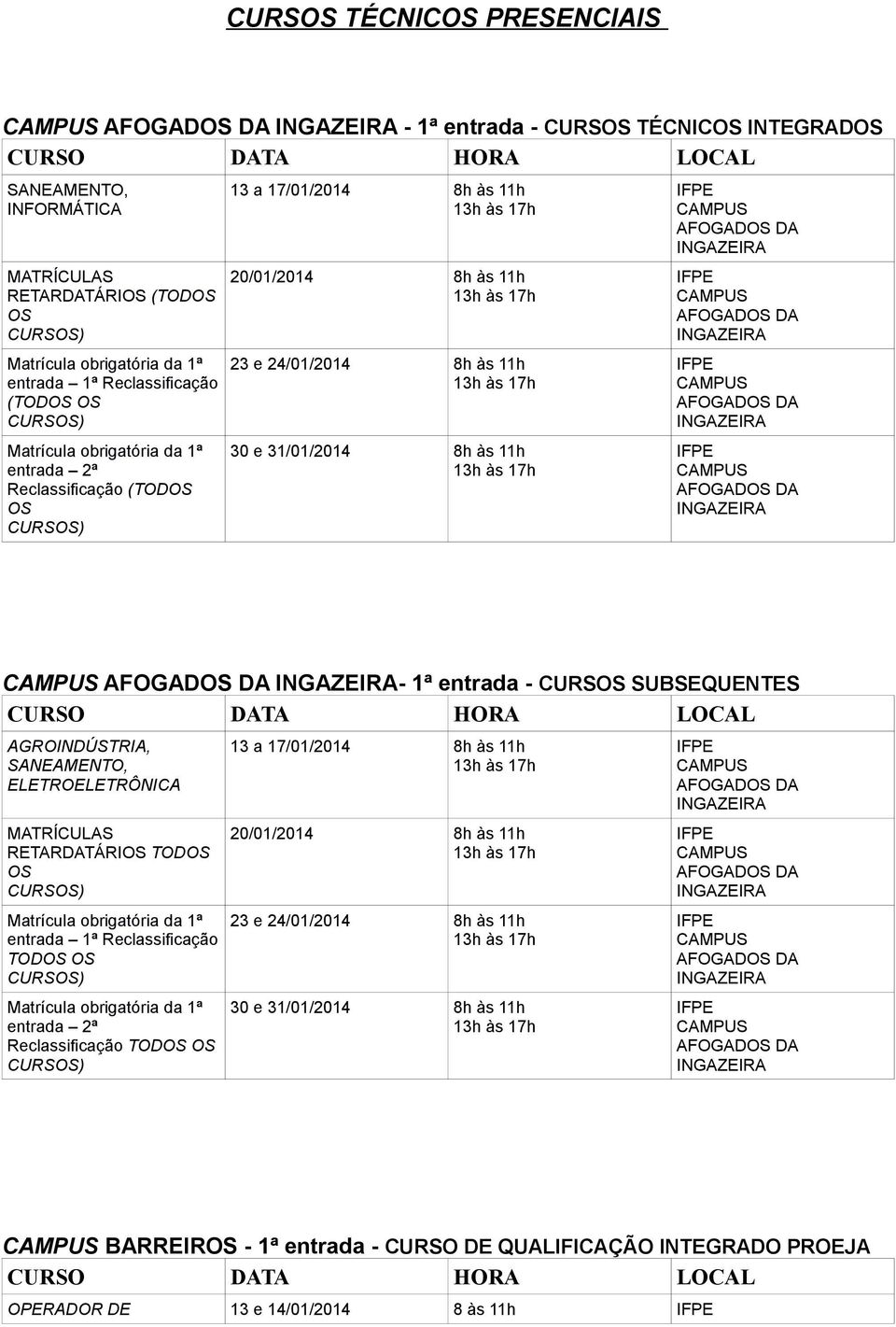 SUBSEQUENTES AGROINDÚSTRIA, SANEAMENTO, ELETROELETRÔNICA RETARDATÁRI TOD TOD TOD 13 a 17/01/2014 8h às 11h 20/01/2014 8h às 11h 23 e 24/01/2014 8h às