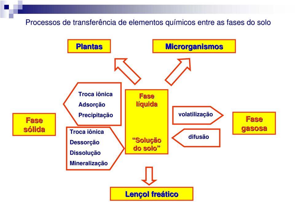 Fase sólida Precipitação Troca iônica Dessorção Dissolução Solução
