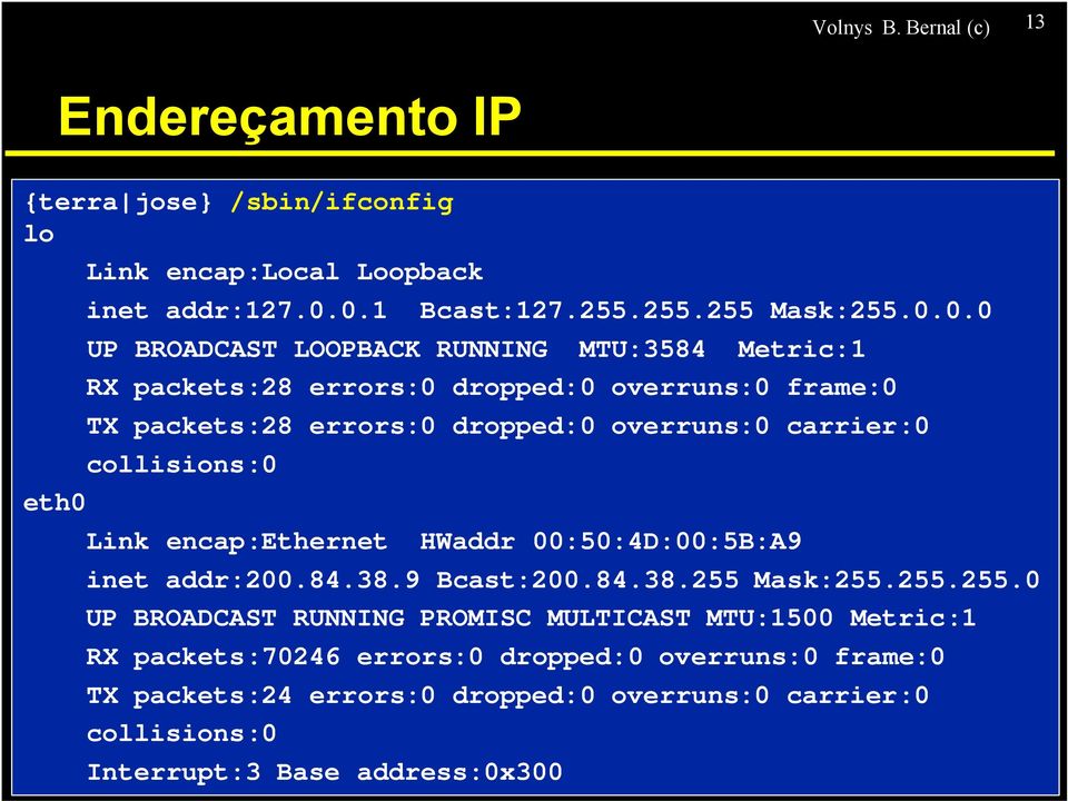 errors:0 dropped:0 overruns:0 carrier:0 collisions:0 eth0 Link encap:ethernet HWaddr 00:50:4D:00:5B:A9 inet addr:200.84.38.9 Bcast:200.84.38.255 