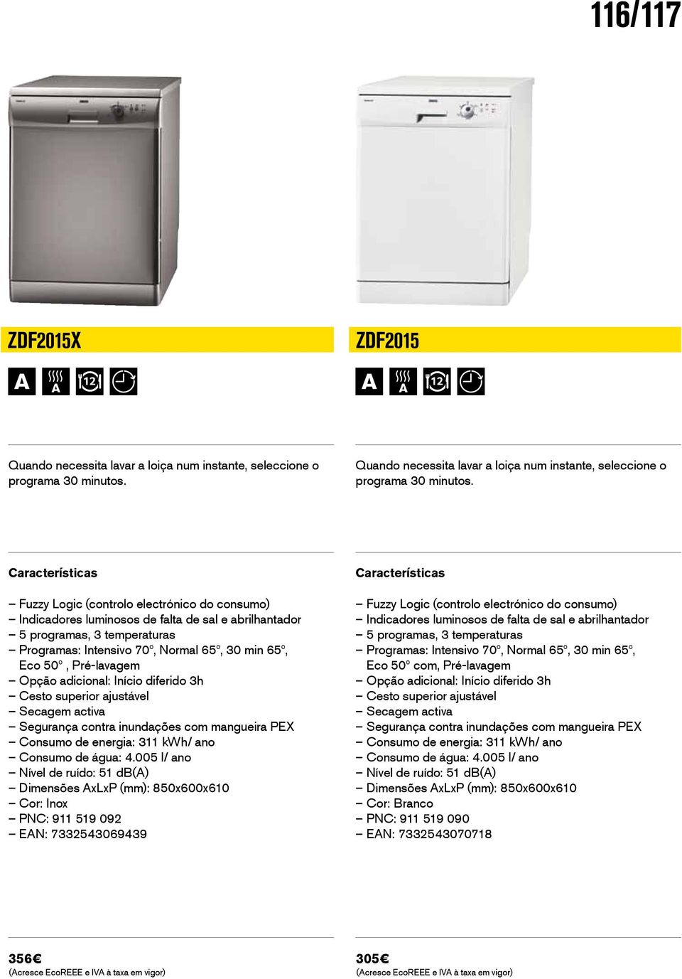 Fuzzy Logic (controlo electrónico do consumo) Indicadores luminosos de falta de sal e abrilhantador 5 programas, 3 temperaturas Programas: Intensivo 70º, Normal 65º, 30 min 65º, Eco 50º, Pré-lavagem