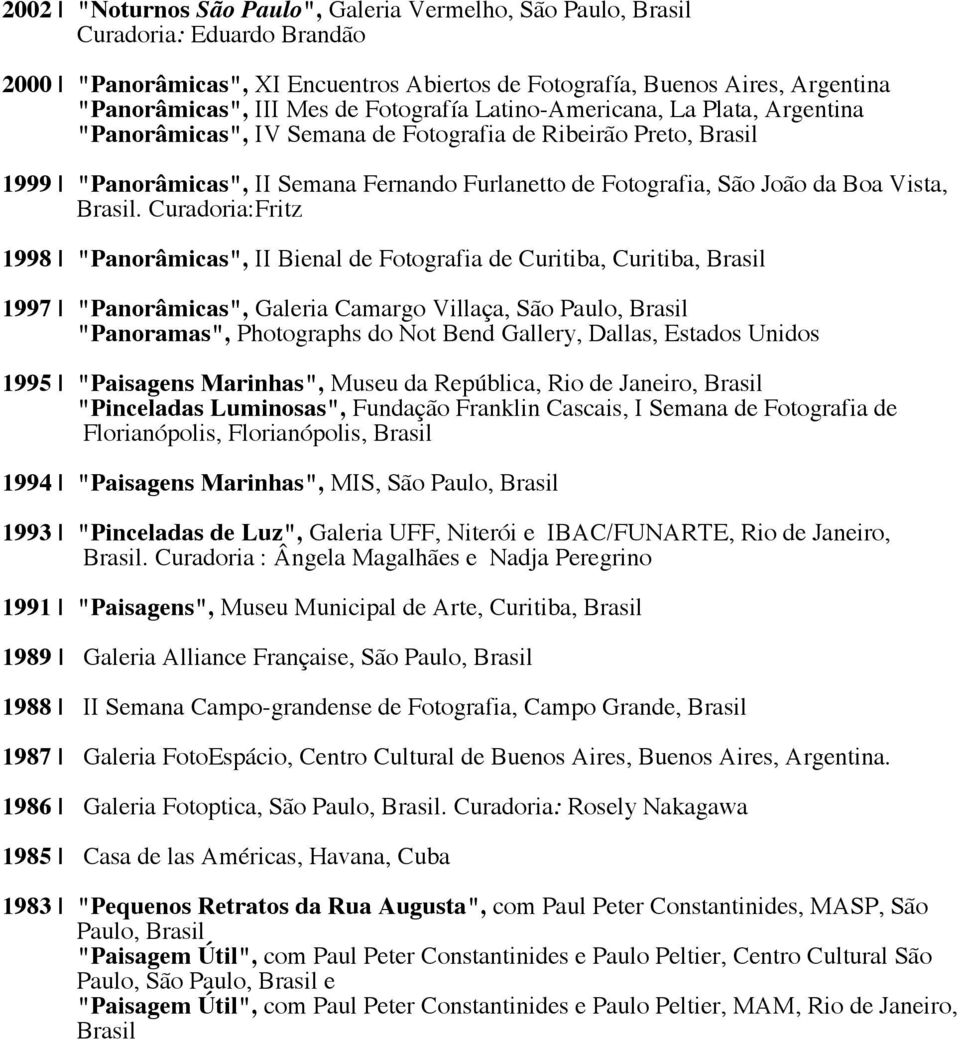 Curadoria:Fritz 1998 "Panorâmicas", II Bienal de Fotografia de Curitiba, Curitiba, 1997 "Panorâmicas", Galeria Camargo Villaça, São Paulo, "Panoramas", Photographs do Not Bend Gallery, Dallas,