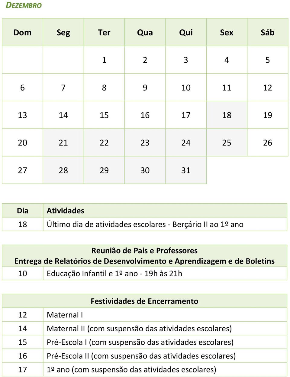 Infantil e 1º ano - 19h às 21h Festividades de Encerramento 12 Maternal I 14 Maternal II (com suspensão das atividades escolares) 15