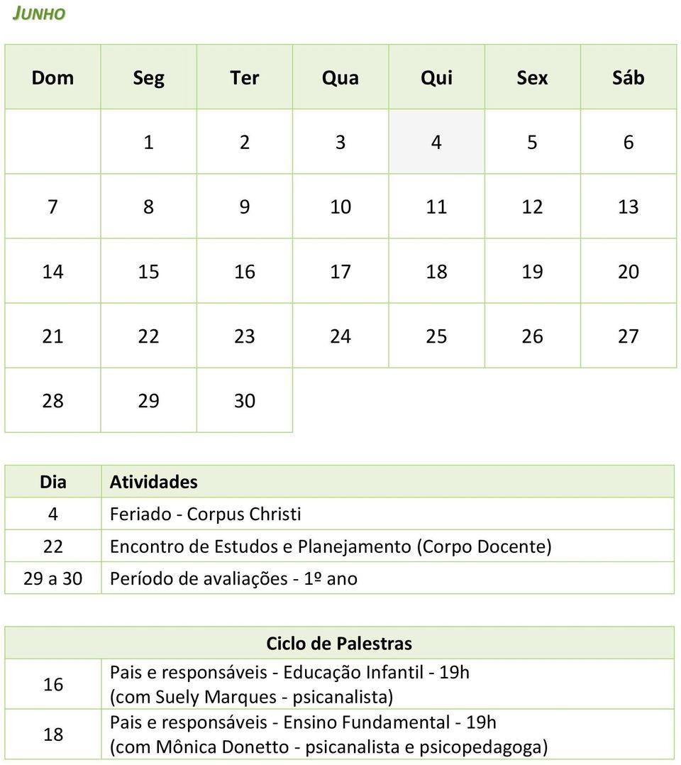 1º ano 16 18 Ciclo de Palestras Pais e responsáveis - Educação Infantil - 19h (com Suely Marques -