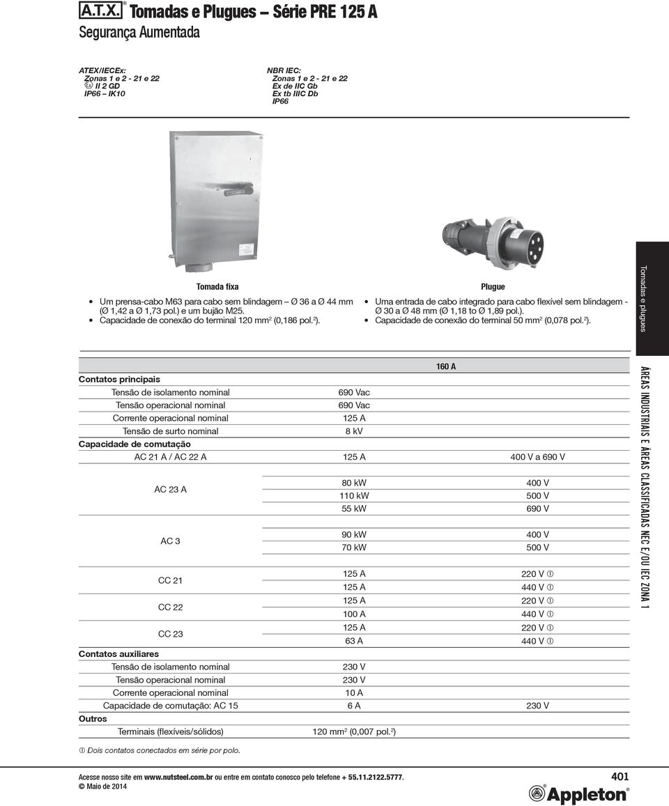 A 8 kv Uma entrada de cabo integrado para cabo exível sem blindagem - Ø 30 a Ø 48 mm (Ø 1,18 to Ø 1,89 pol.). Capacidade de conexão do terminal 50 mm 2 (0,078 pol. 2 ).