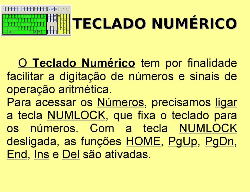 Para acessar os Números, precisamos ligar a tecla NUMLOCK, que fixa o