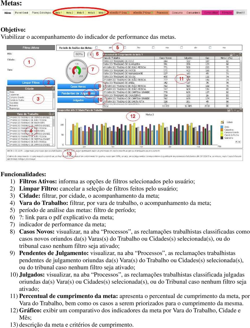 meta; 4) Vara do Trabalho: filtrar, por vara de trabalho, o acompanhamento da meta; 5) período de análise das metas: filtro de período; 6)?