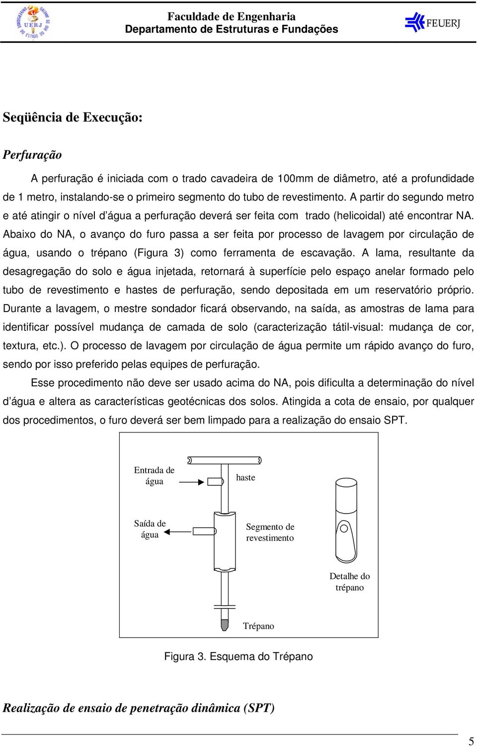 Abaixo do NA, o avanço do furo passa a ser feita por processo de lavagem por circulação de água, usando o trépano (Figura 3) como ferramenta de escavação.