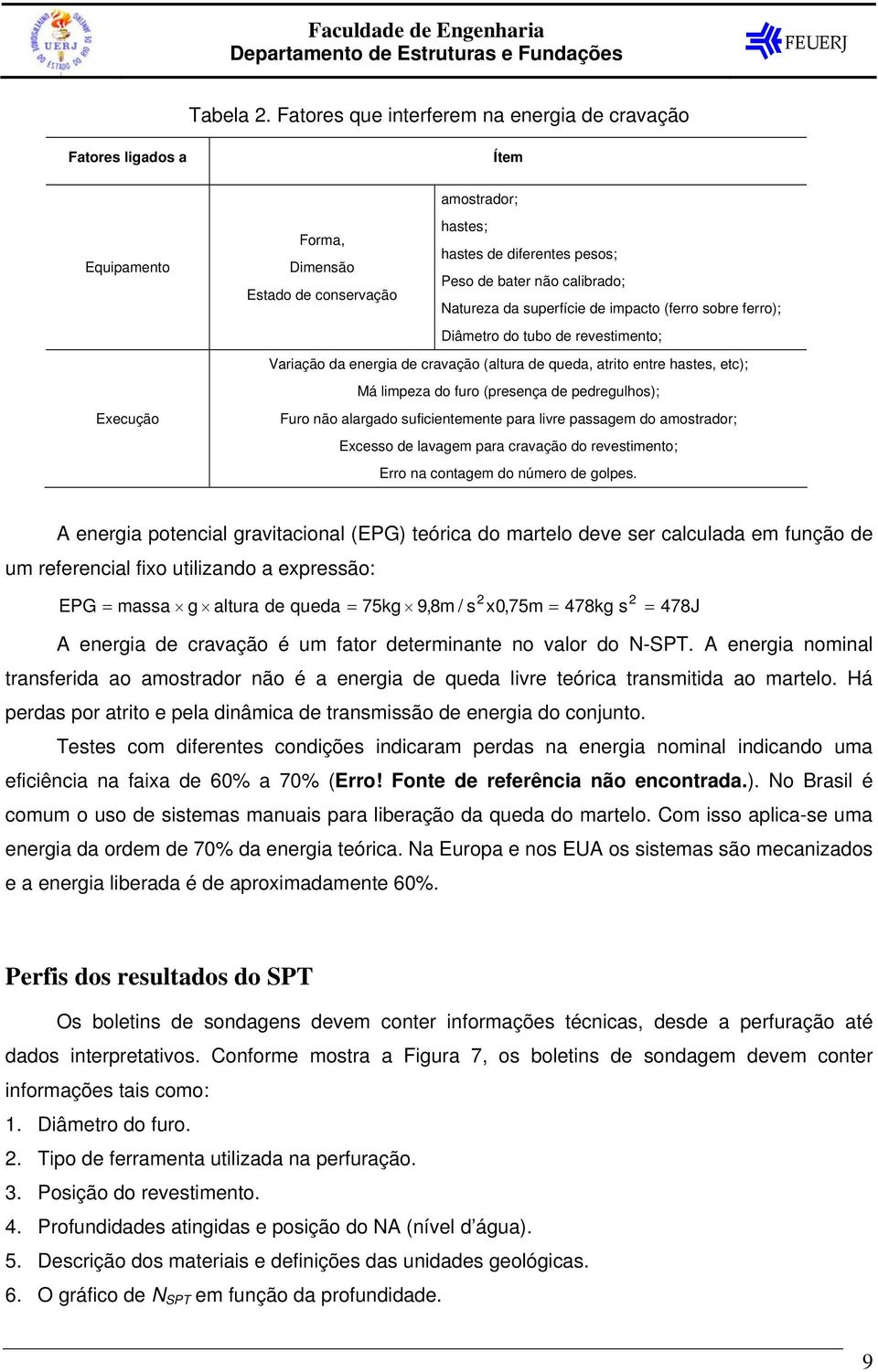 conservação Natureza da superfície de impacto (ferro sobre ferro); Diâmetro do tubo de revestimento; Variação da energia de cravação (altura de queda, atrito entre hastes, etc); Má limpeza do furo