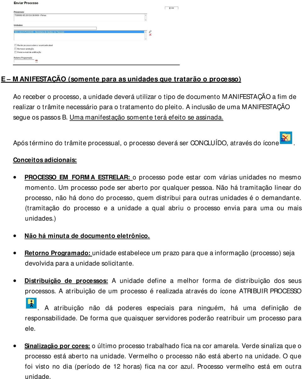 Após término do trâmite processual, o processo deverá ser CONCLUÍDO, através do ícone. Conceitos adicionais: PROCESSO EM FORMA ESTRELAR: o processo pode estar com várias unidades no mesmo momento.