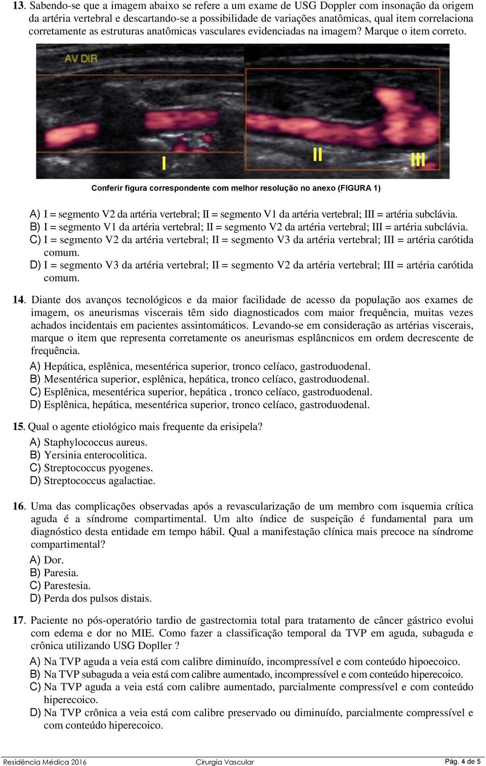 Conferir figura correspondente com melhor resolução no anexo (FIGURA 1) A) I = segmento V2 da artéria vertebral; II = segmento V1 da artéria vertebral; III = artéria subclávia.