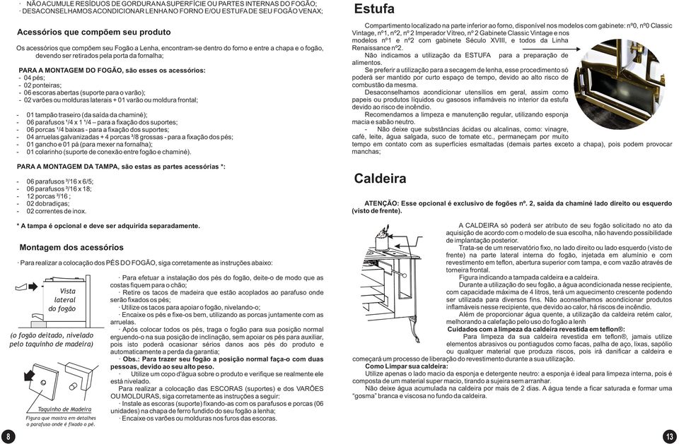 (suport para o varão); 02 varõs ou molduras latrais + 01 varão ou moldura frontal; 01 tampão trasiro (da saída da chaminé); 06 parafusos ¹/4 x 1 ¹/4 para a fixação dos suports; 06 porcas ¹/4 baixas