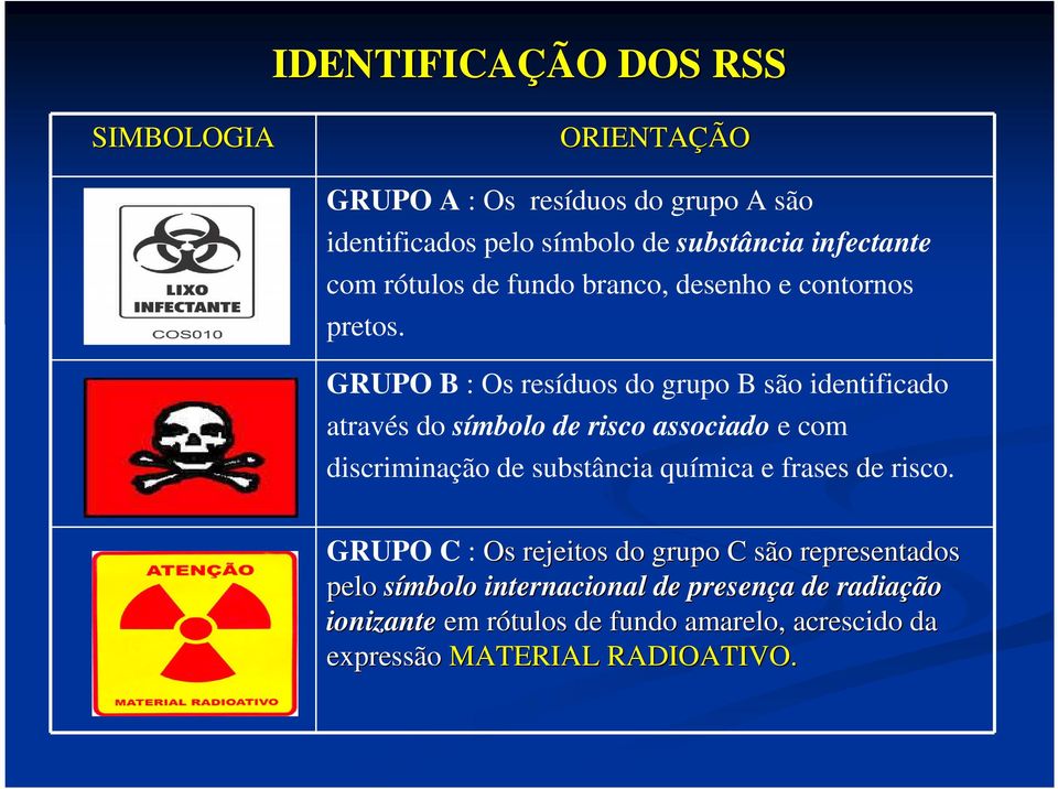 GRUPO B : Os resíduos do grupo B são identificado através do símbolo de risco associado e com discriminação de substância química e