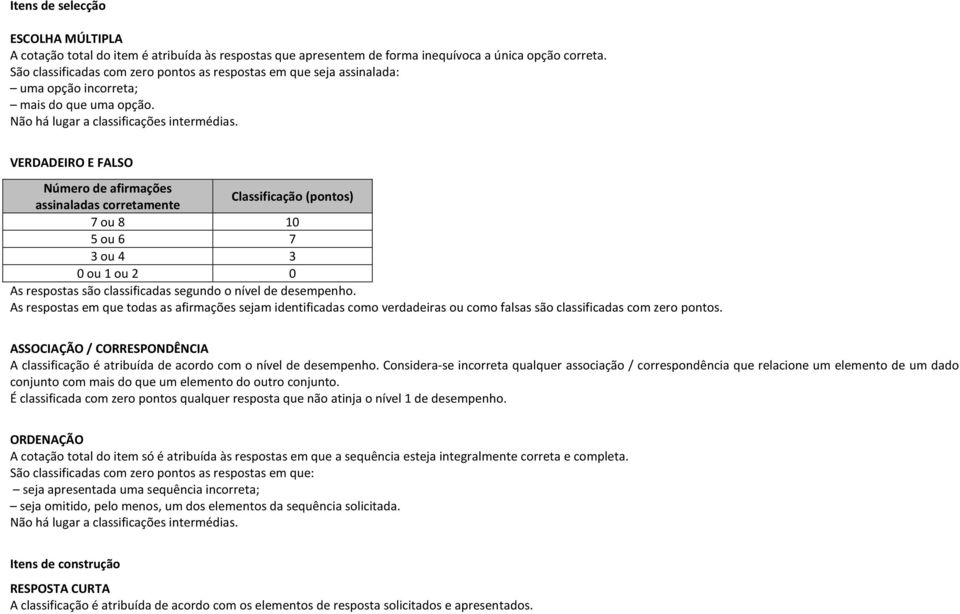 VERDADEIRO E FALSO Número de afirmações assinaladas corretamente Classificação (pontos) 7 ou 8 10 5 ou 6 7 3 ou 4 3 0 ou 1 ou 2 0 As respostas são classificadas segundo o nível de desempenho.