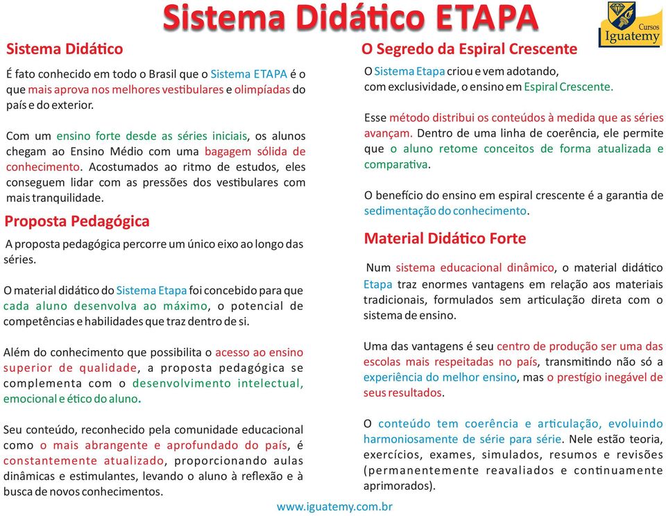 Prpsta Pdagógica A prpsta pdagógica prcrr um únic ix a lng das séris. O matrial didá c d Sistma Etapa fi cncbid para qu cada alun dsnvlva a máxim, ptncial d cmptências habilidads qu traz dntr d si.