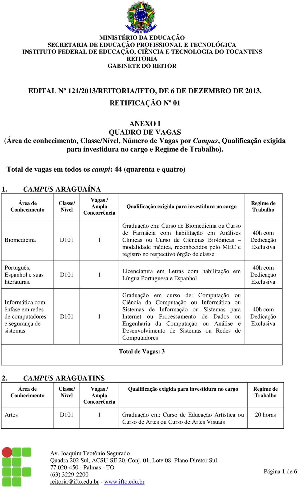 CAMPUS ARAGUAÍNA Biomedicina Graduação em: Curso de Biomedicina ou Curso de Farmácia com habilitação em Análises Clinicas ou Curso de Ciências Biológicas modalidade médica, reconhecidos pelo MEC e